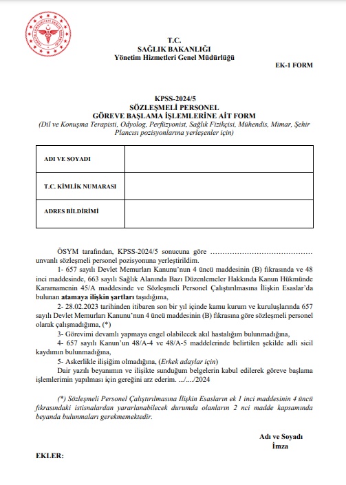 Sağık Bakanlığı Personel Alımı Formu 1