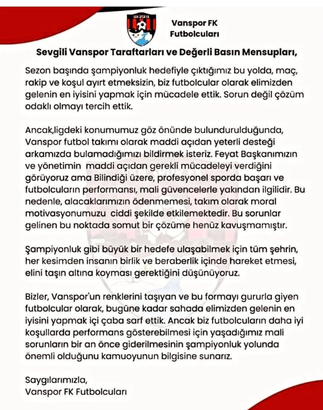 Vanspor Futbolcuları Basın Açıklaması