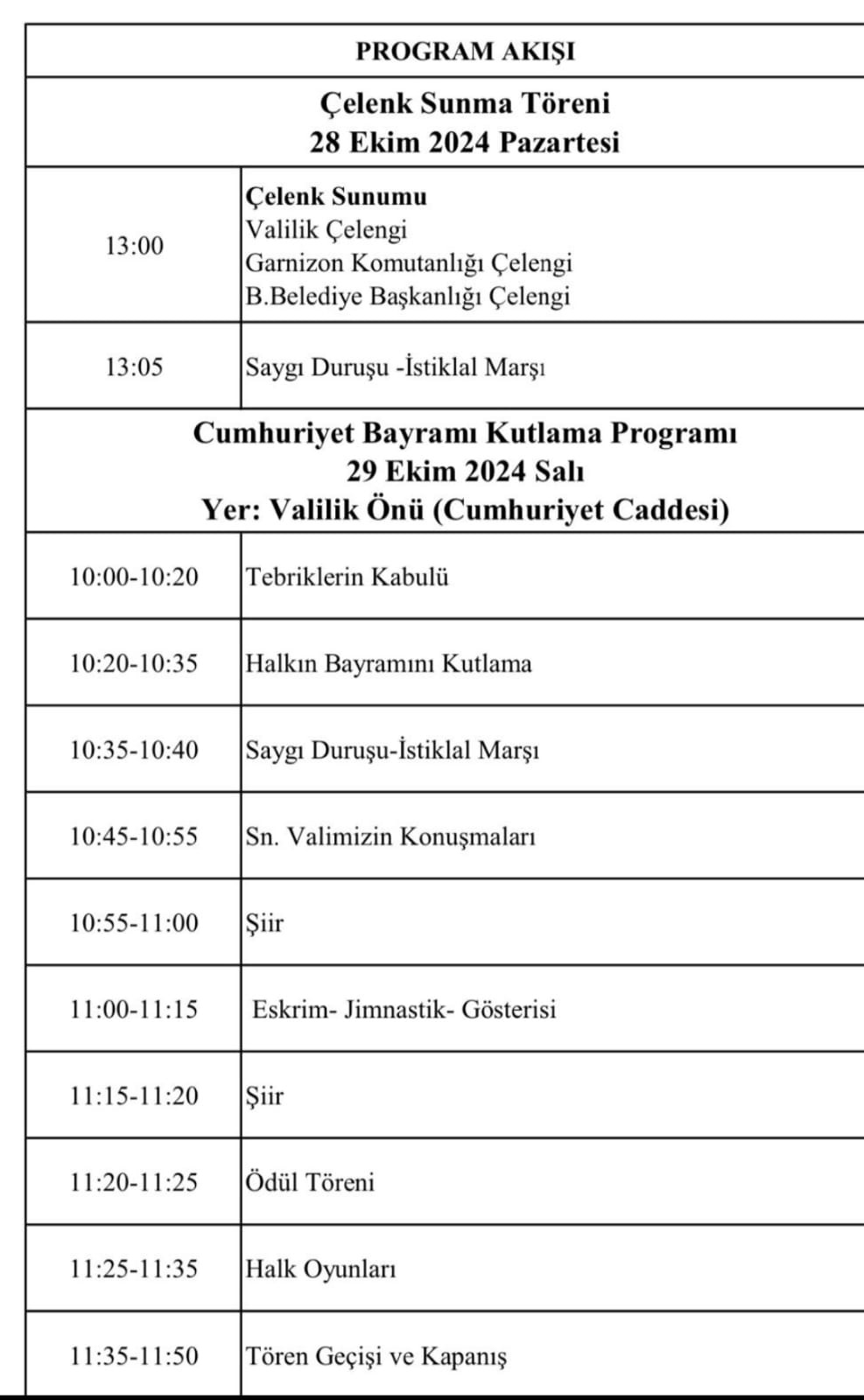 Van Cumhuriyet Bayramı Kutlama Programı 2