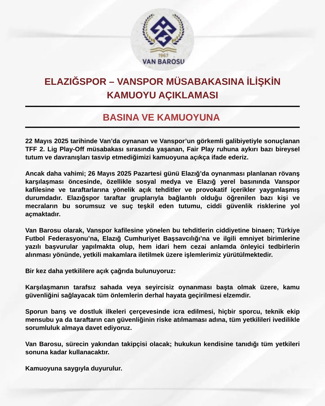Van Barosu Elazığ Vanspor Suç Duyurusu