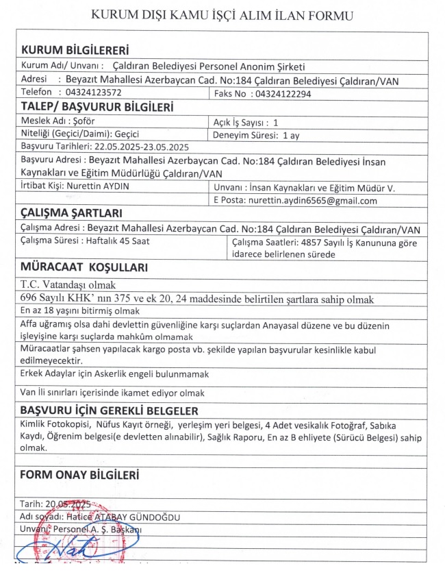 Van Ilçe Belediyesi Işçi Alacak