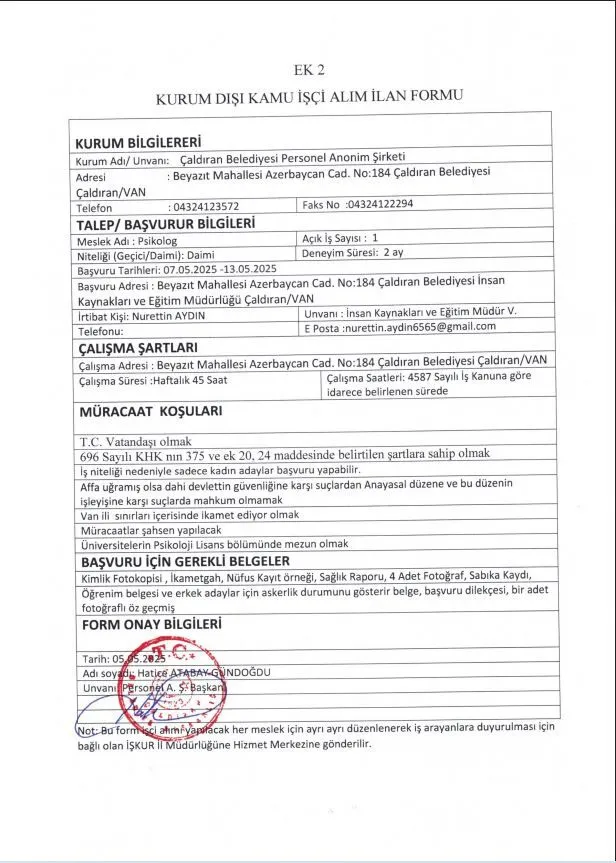 Van Ilçe Belediyesi Personel Alımı 1