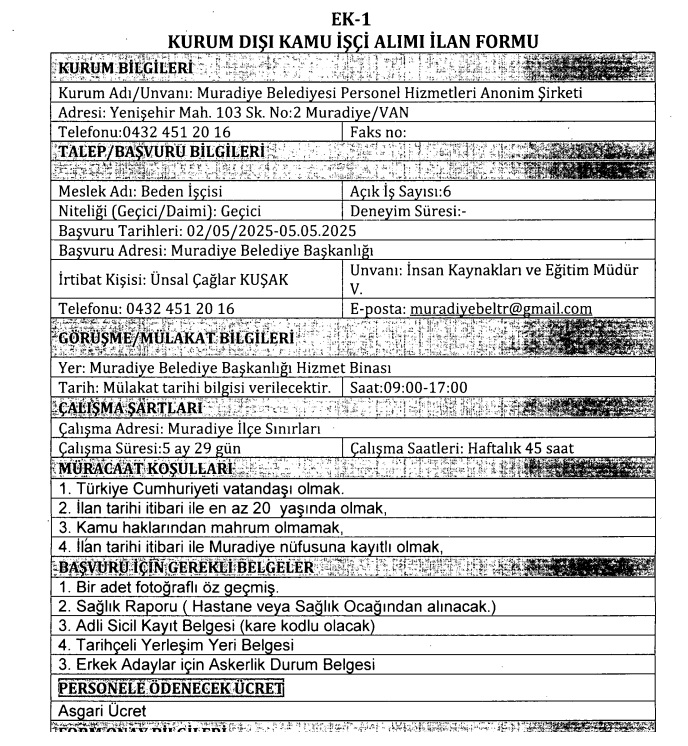Van Muradiye Ilçe Belediyesi Işçi Personel Alimi 2