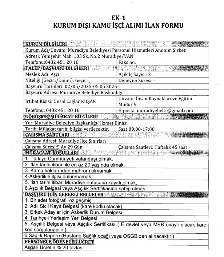Van Muradiye Ilçe Belediyesi Işçi Personel Alimi