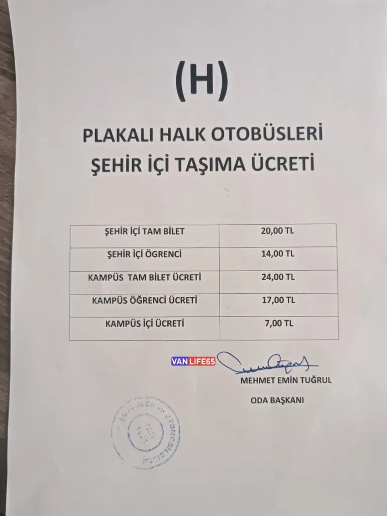 Van Toplu Ulaşım Zam Yeni Fiyat Listesi 1