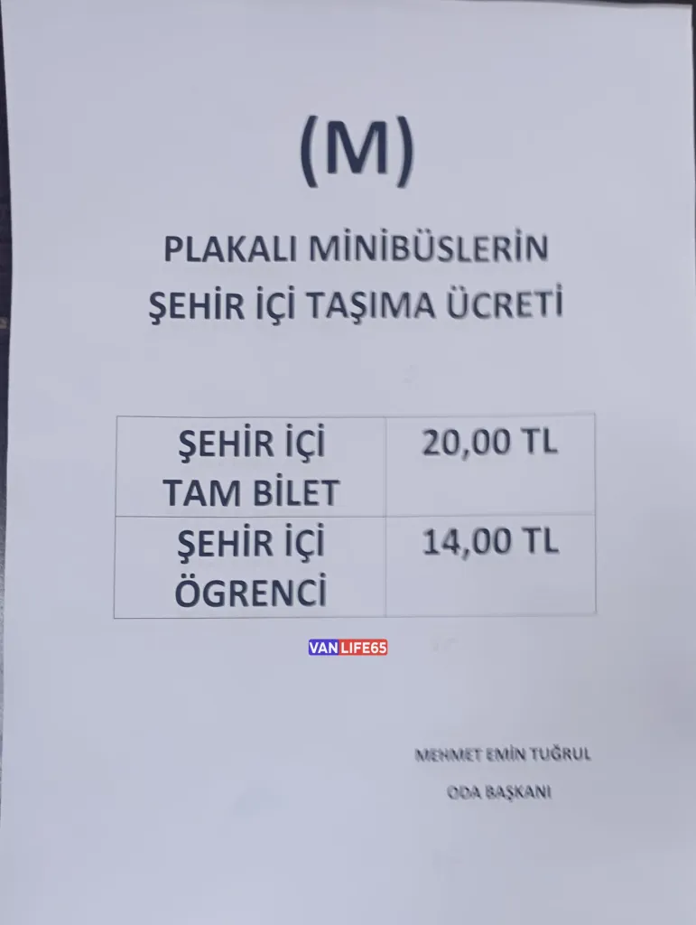 Van Toplu Ulaşım Zam Yeni Fiyat Listesi 2