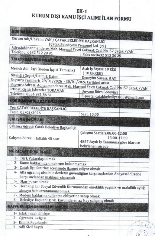 Van Ilçe Belediyesi Işçi Personel Alımı Alacak