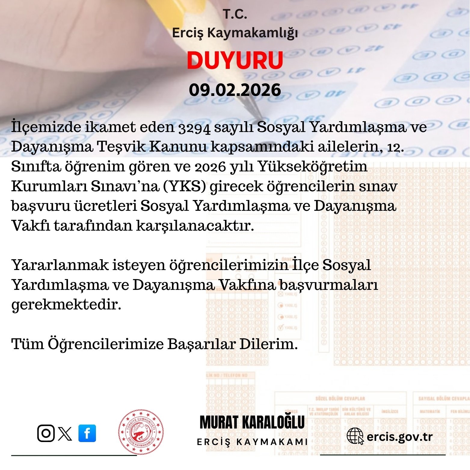 Van Erciş Ilçe Yks Ücreti Desteği 1