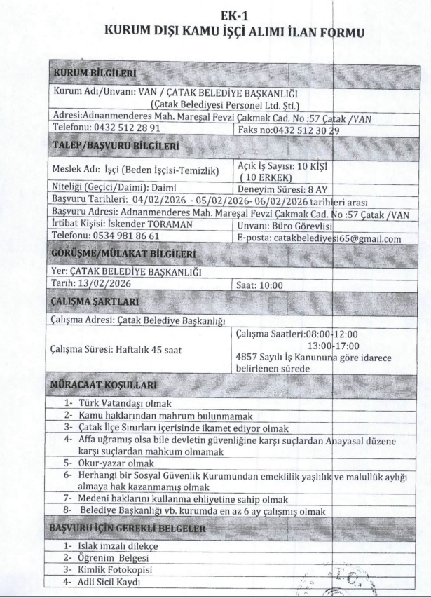 Van Ilçe Belediyesi Işçi Personel Alımı Ilanı 1
