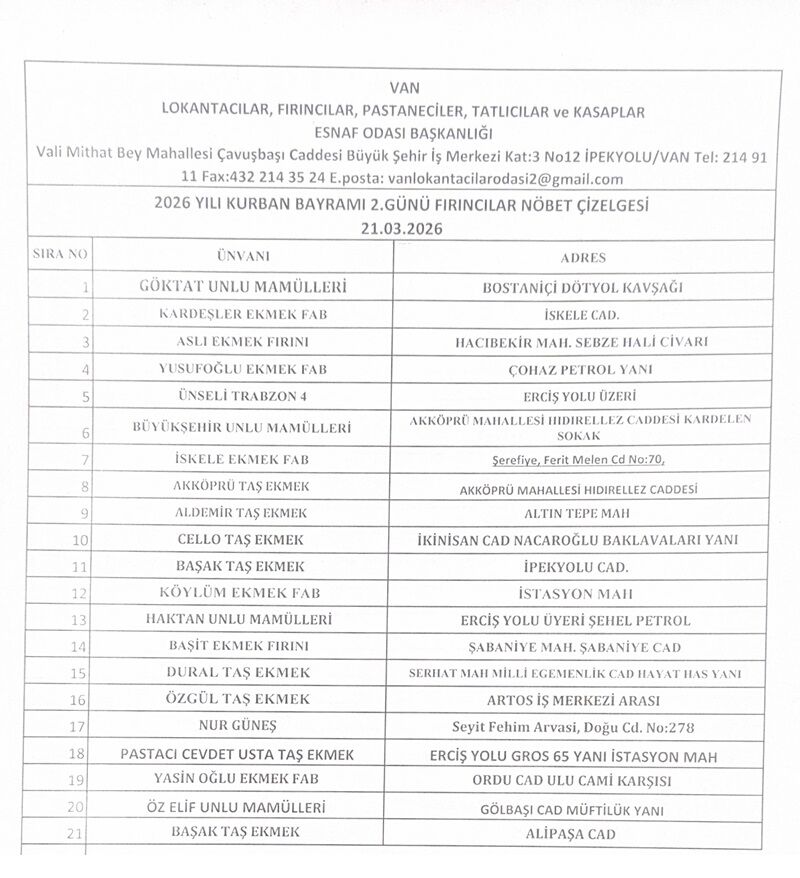 Van Bayramda Nöbetçi Fırınlar Fırın Hangisi Adresleri 2 Gün