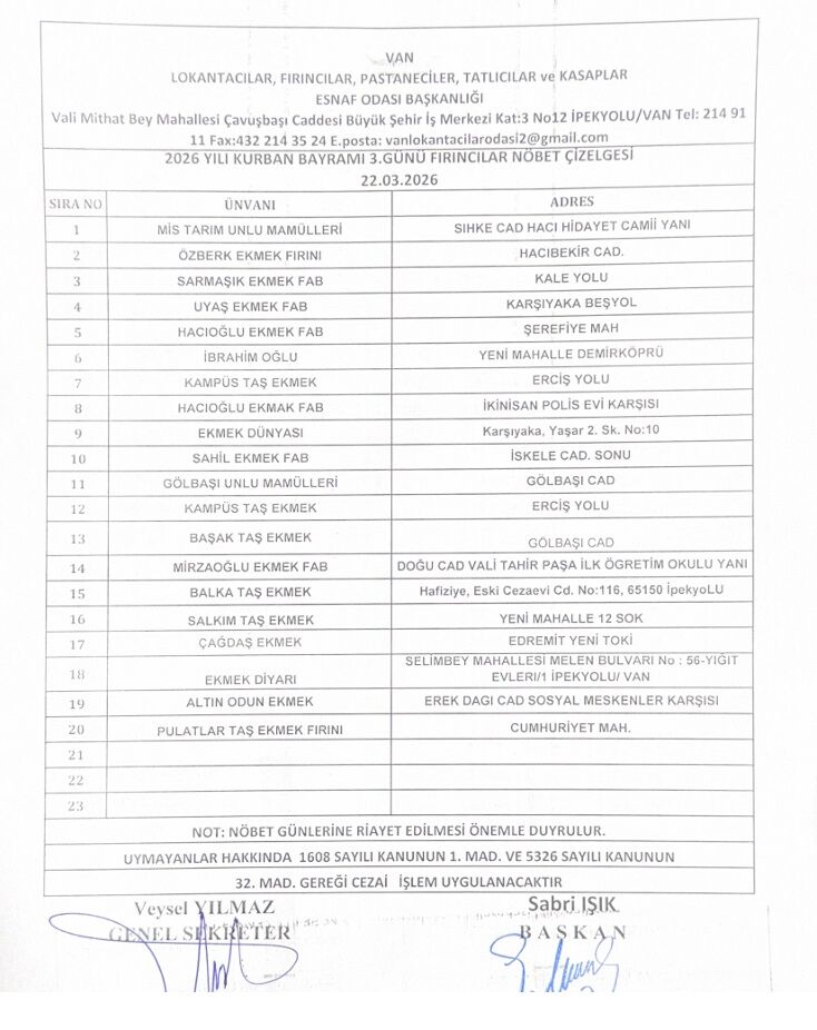 Van Bayramda Nöbetçi Fırınlar Fırın Hangisi Adresleri 3 Gün