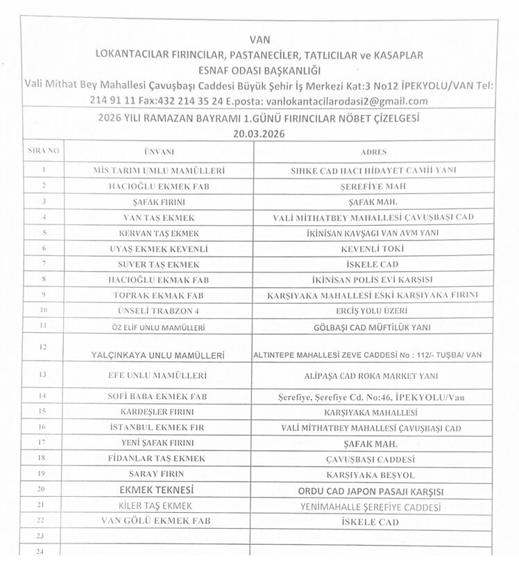 Van Bayramda Nöbetçi Fırınlar Fırın Hangisi Adresleri