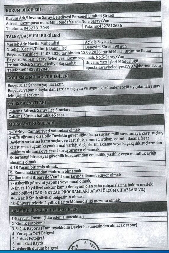 Van Saray Belediyesi Işçi Personel Alımı