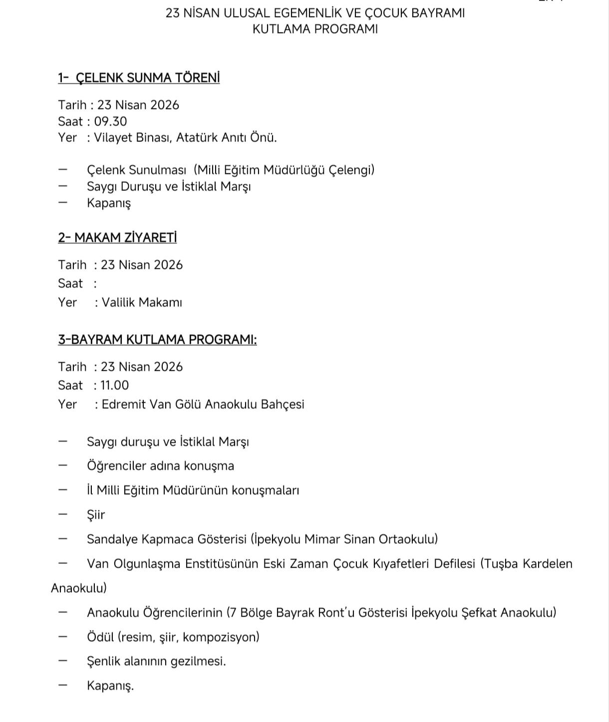 Van 2026 Çocuk Bayramı Saat Kaçta Nerede Kutlanacak Program