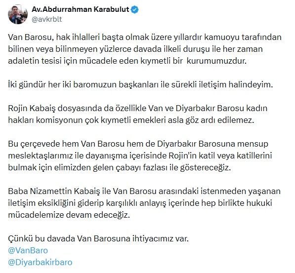 Rojin Kabaiş Van Barosu Destek