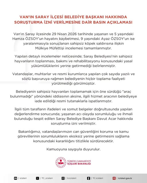 Van Saray Içişleri Bakanlığı Soruşturma